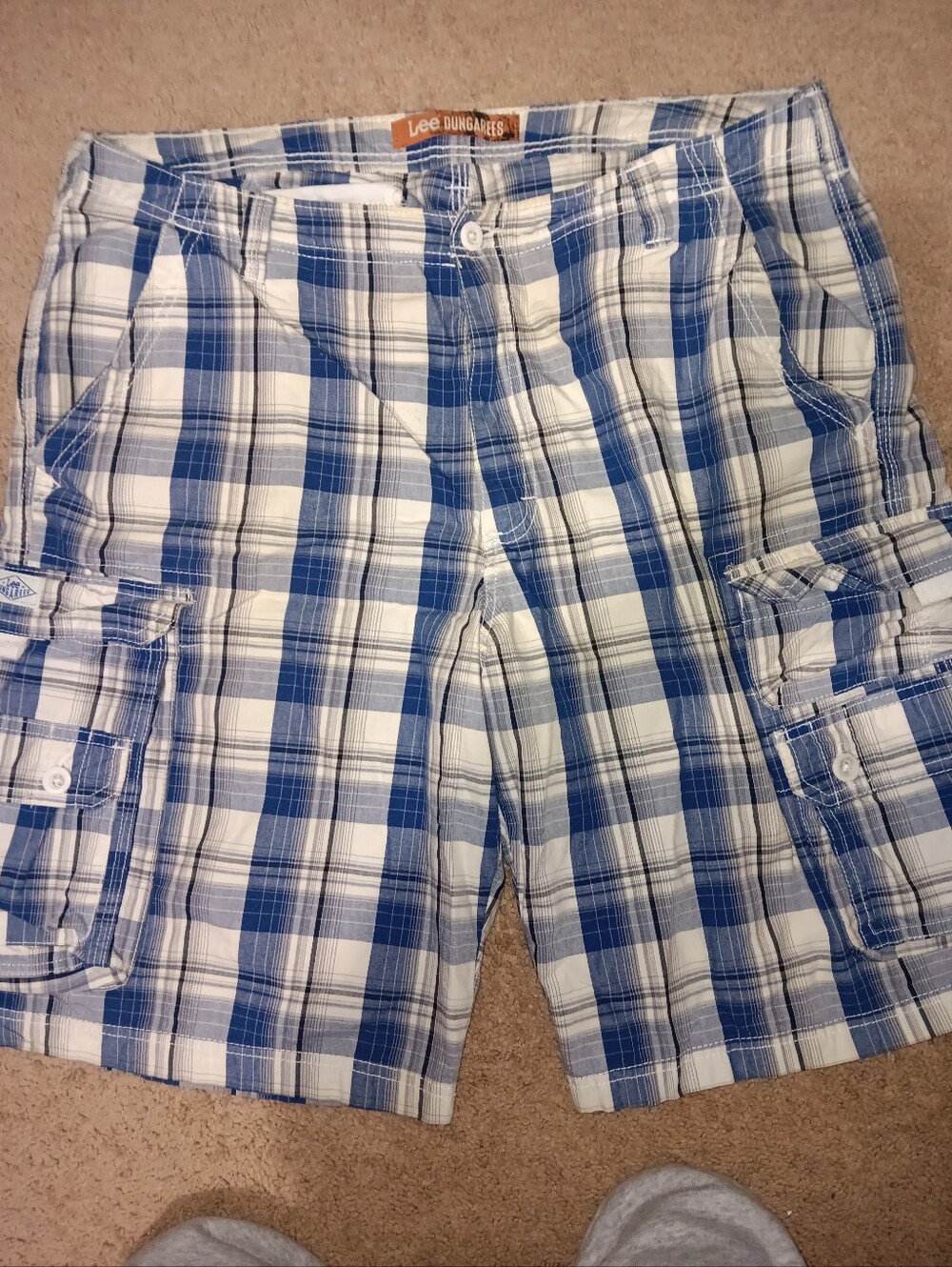 Lee Blue and White Plaid Cargo Shorts